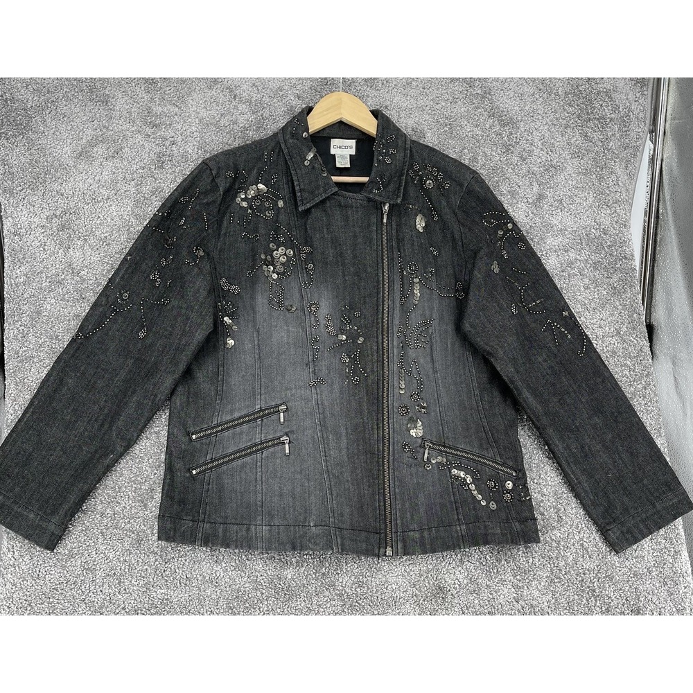 Chicos Black Embellished Denim Moto Jacket Size 2 L Sequin Floral Asymmetric Zip